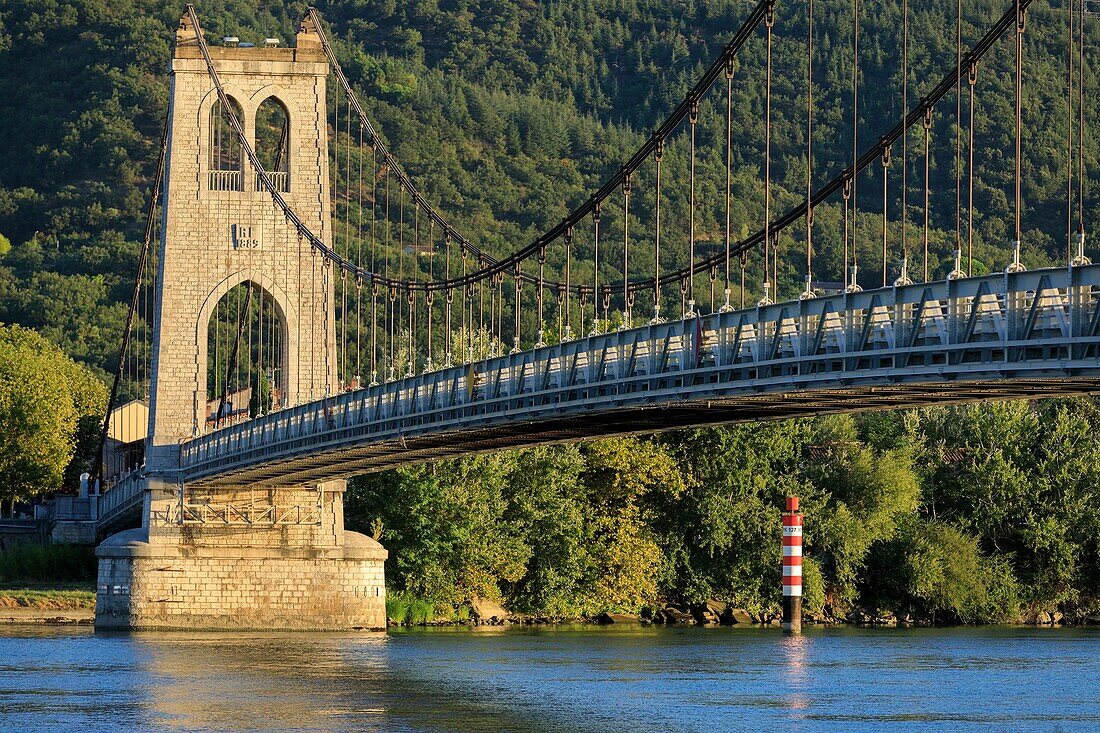 France, Ardeche, La Voulte sur Rhone, suspension bridge on the Rhone