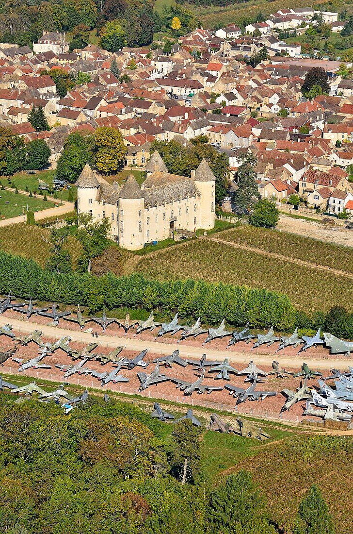 France, Cote d'Or, Savigny les Beaune, the castle and the fighter aircrafts museum (aerial view)