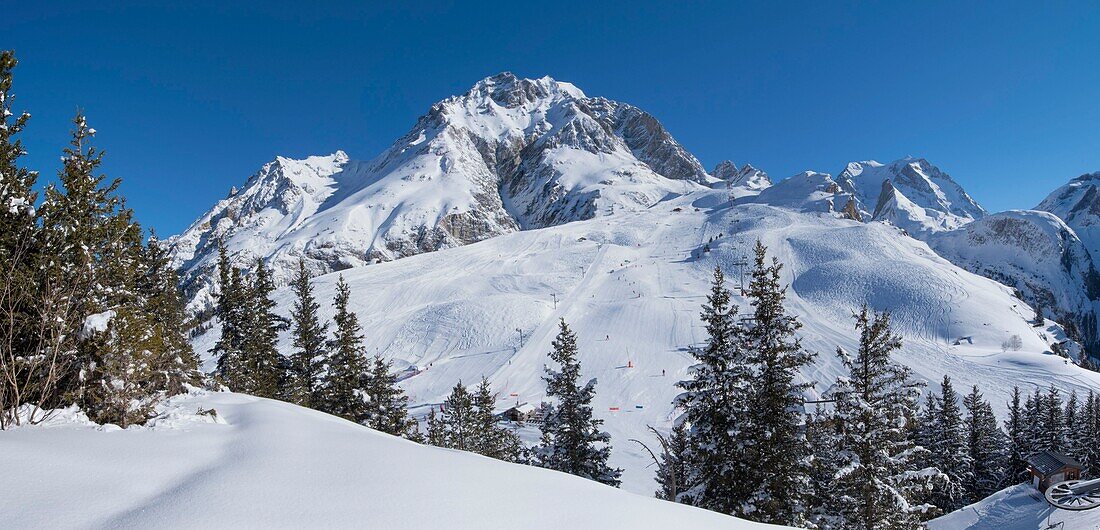 Frankreich, Savoie, Massif de la Vanoise, Pralognan La Vanoise, Nationalpark, Panoramablick auf den Gipfel des Bochor auf der Bochor-Nadel und das Skigebiet