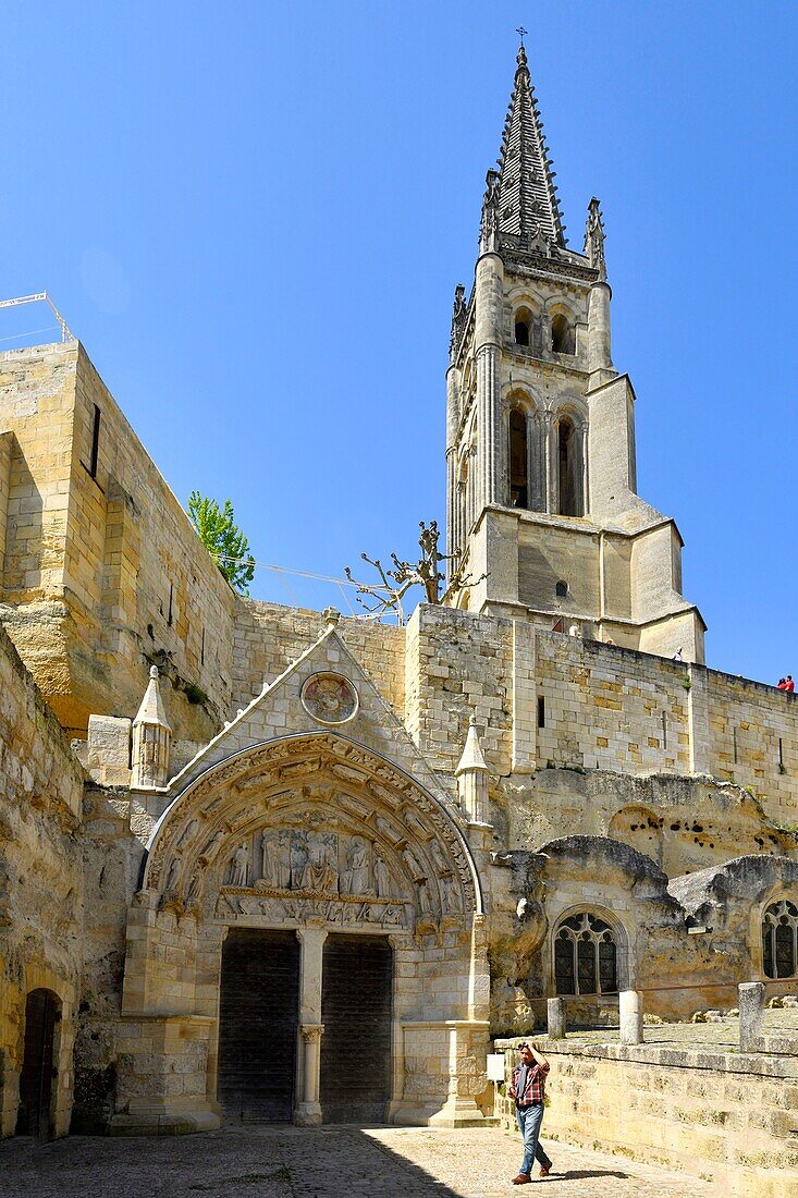 France, Gironde, Saint Emilion, listed as World Heritage by UNESCO, the medieval city, Place de l'eglise monolithe and the monolithic church of the 11th century entirely dug in the rock