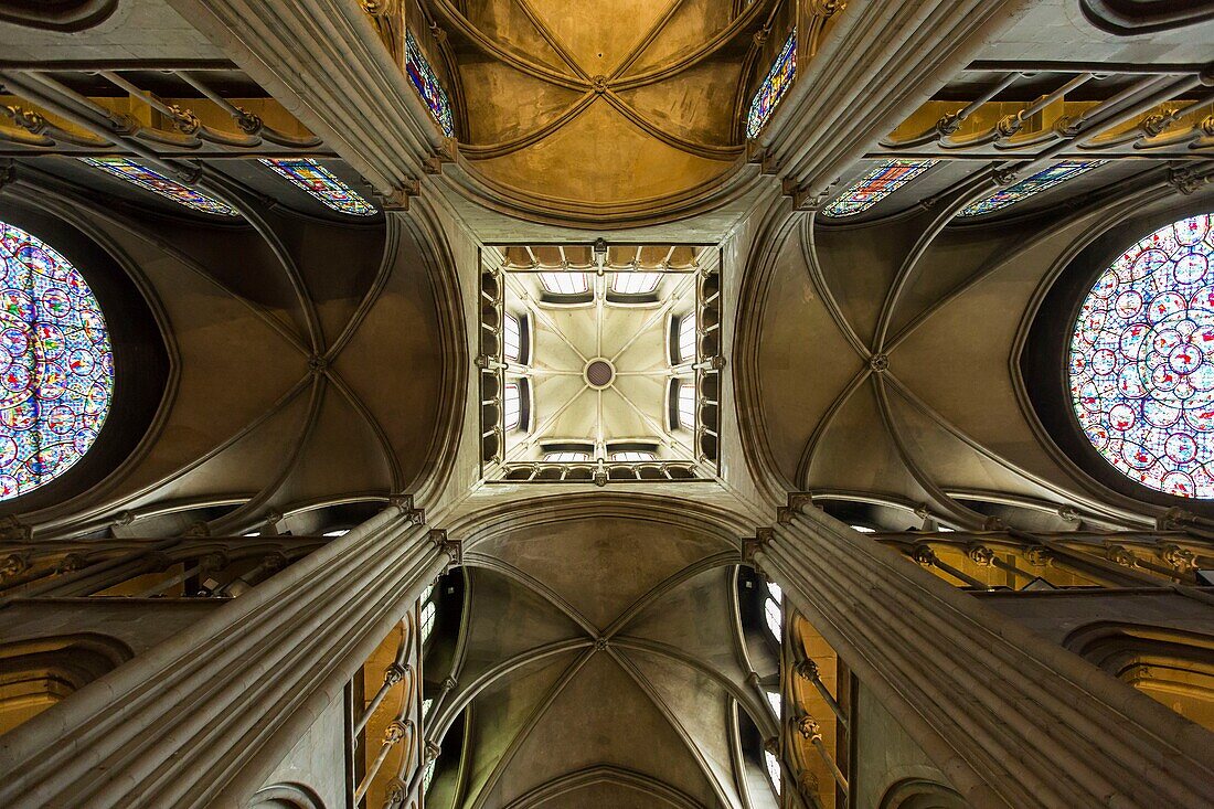 Frankreich, Cote d'Or, Kulturlandschaft der burgundischen Klimazonen, die von der UNESCO zum Weltkulturerbe erklärt wurde, Dijon, das Kirchenschiff und die Rosettenfenster der Kirche Notre Dame de Dijon