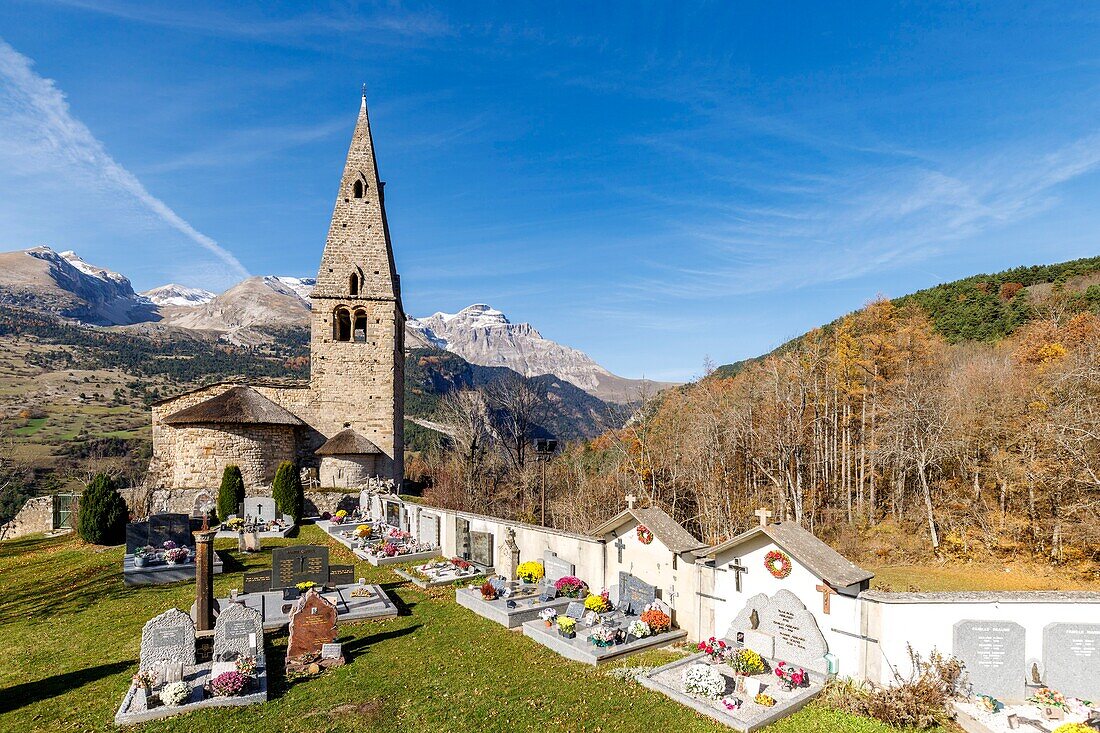 France, Hautes Alpes, the Dévoluy massif, Saint Disdier en Dévoluy, the chapel of Gicons Romanesque style of the eleventh and twelfth centuries, better known as the La Mere Église, in the background the Grande Tête de l'Obiou (2789m)