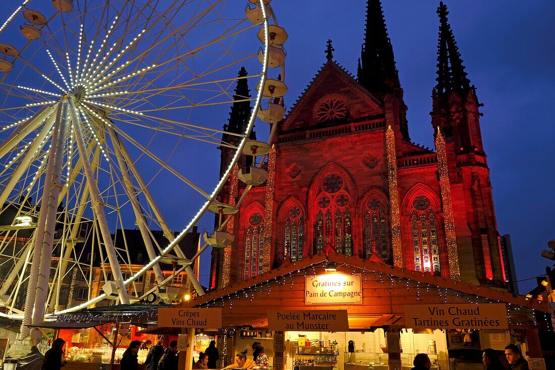 France, Haut Rhin, Mulhouse, Place de la Reunion, Saint Etienne temple, ferris wheel, Christmas Market