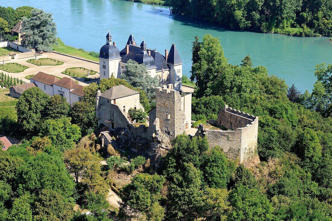 France, Isere, Vertrieu, The old castle, fortified house of the 12th, 18th century castle on the banks of the Rhone in the background (aerial view)