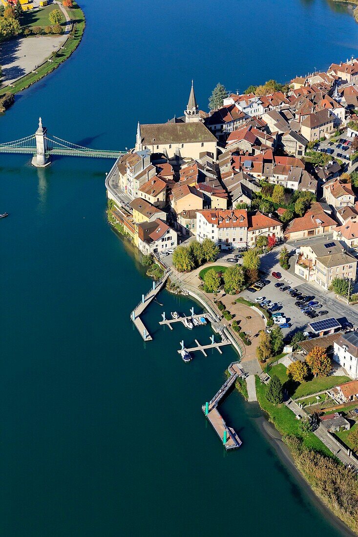 France, Haute Savoie, Seyssel, bridge over the Rhone (aerial view)