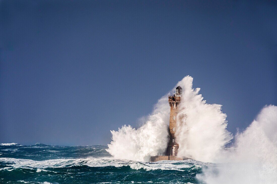 France, Finistere, Porspoder, Landunvez, Presqu'île de Saint Laurent, Chenal du Four, The Four lighthouse under storm, Historical monument classified