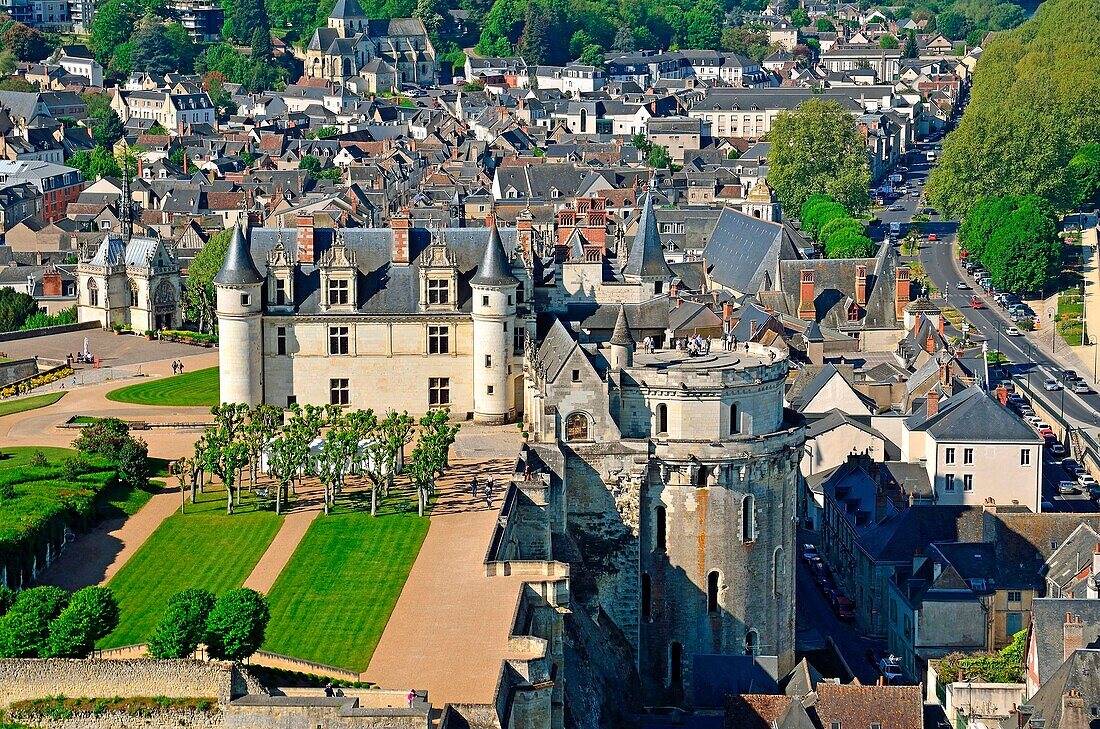 France, Indre et Loire, Loire valley listed as World Heritage by UNESCO, Amboise, the 15th century castle (aerial view)