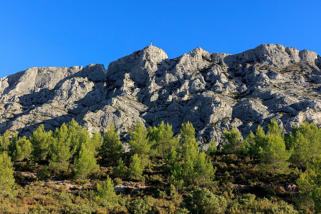 France, Bouches du Rhone, Pays d'Aix, Grand Site Sainte Victoire, Saint Antonin sur Bayon, the Sainte Victoire mountain, the Croix de Provence (1875) (946m)