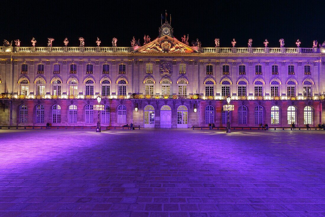 France, Meurthe et Moselle, Nancy, Stanislas square (former royal square) built by Stanislas Leszczynski, king of Poland and last duke of Lorraine in the 18th century, listed as World Heritage by UNESCO, facade of the townhall during the lightshow dedicated to Saint Nicolas