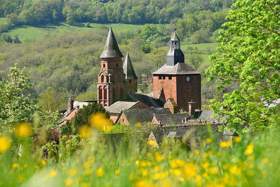 France, Correze, Collonges la Rouge, labelled Les Plus Beaux Villages de France (The Most Beautiful Villages of France), village built in red sandstone, St Pierre Church