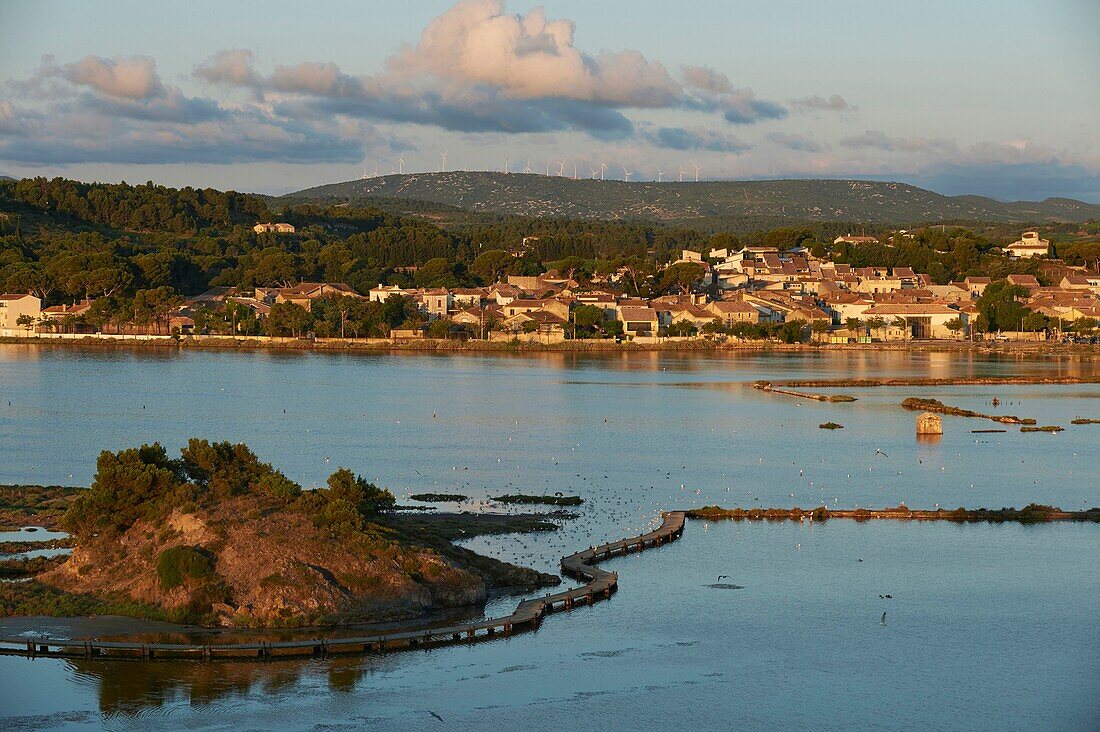 France, Aude, Peyriac-de-Mer, the pond, old salt works of Peyriac-de-Mer, in the background the village