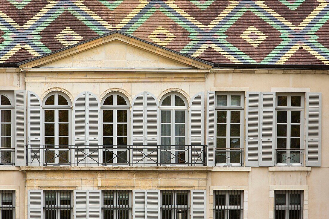 France, Cote d'Or, cultural landscape of Burgundy climates listed as World Heritage by UNESCO, Dijon, facade of a mansion with coloured roof tiles
