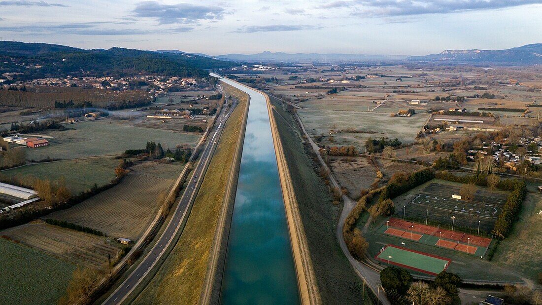 France, Bouches du Rhone, Roques d'Antheron, Durance Valley, EDF Canal (aerial view)