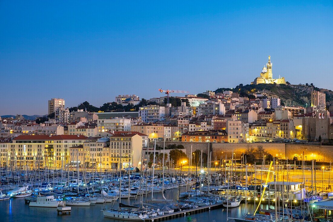 France, Bouches du Rhone, Marseille, the Old Port, Notre Dame de la Garde basilica