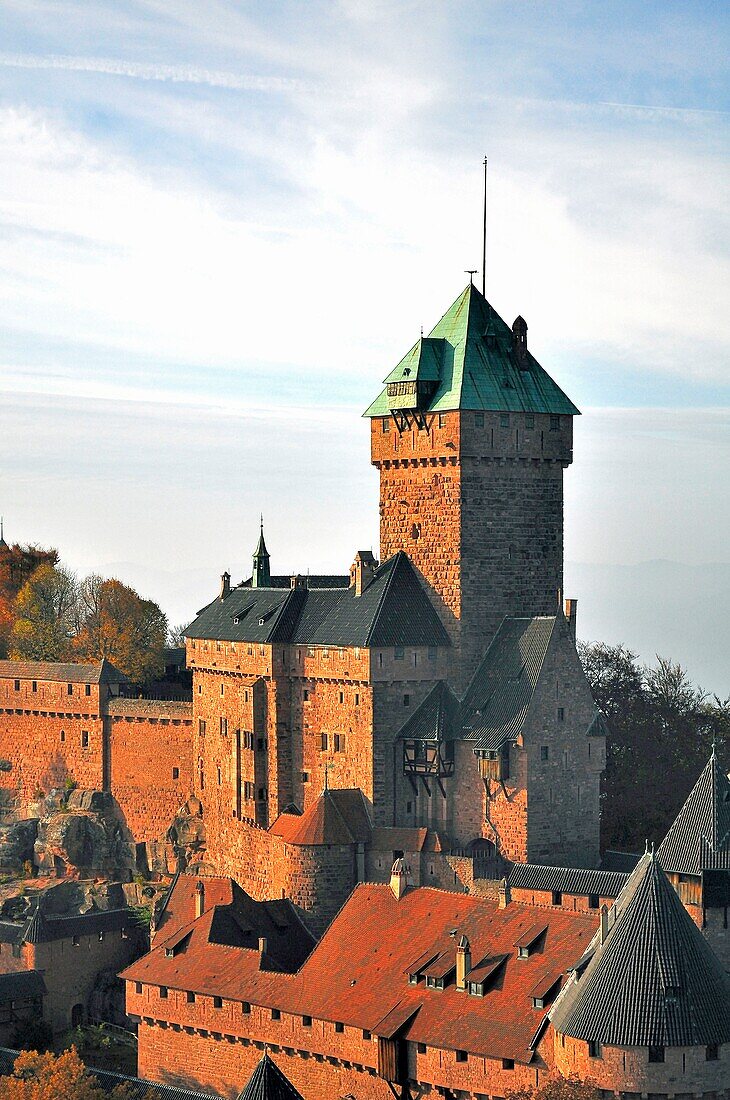 France, Bas Rhin, Orschwiller, Alsace Wine Road, Haut Koenigsbourg Castle (aerial view)