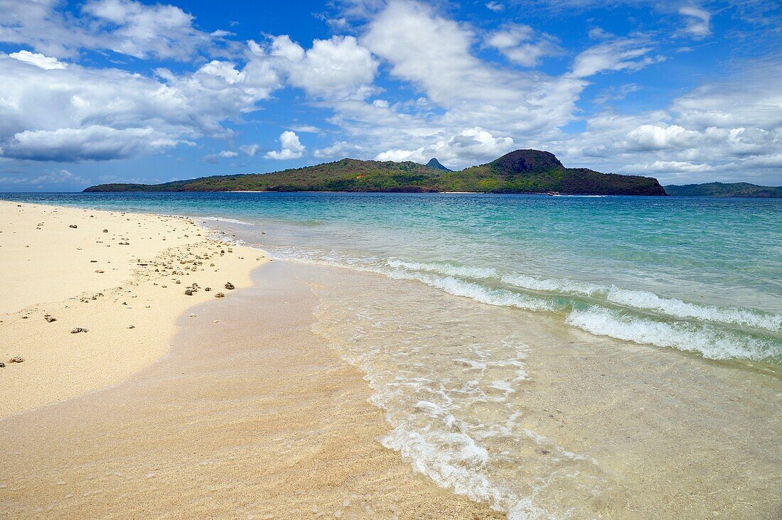 France, Mayotte island (French overseas department), Grande Terre, M'Tsamoudou, islet of white sand on the coral reef in the lagoon facing Saziley Point