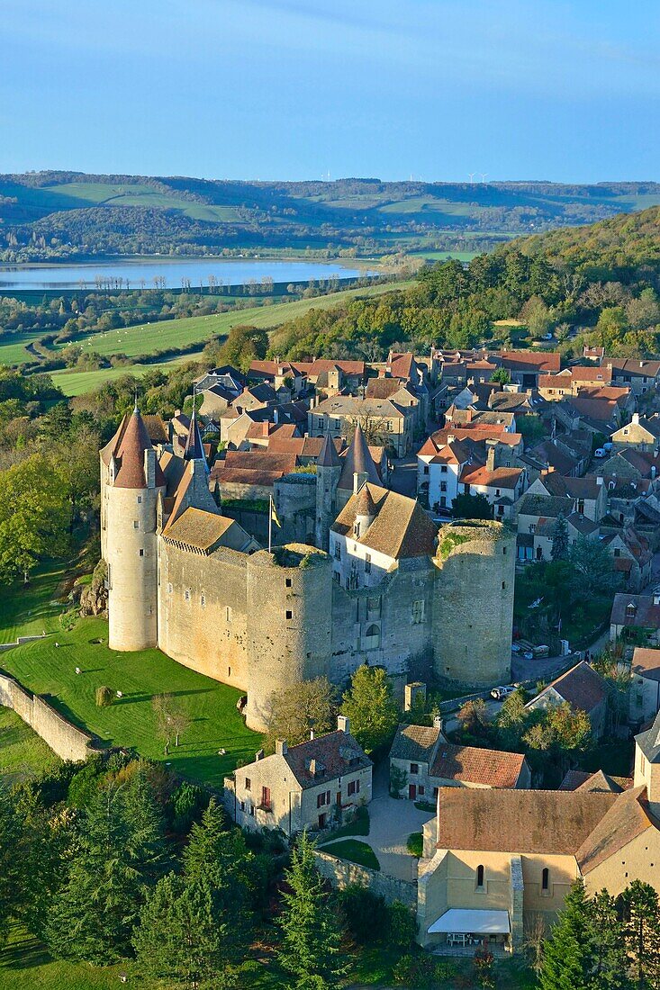 France, Cote d'Or, Chateauneuf en Auxois, labelled The Most beautiful Villages of France, the castle (aerial view)