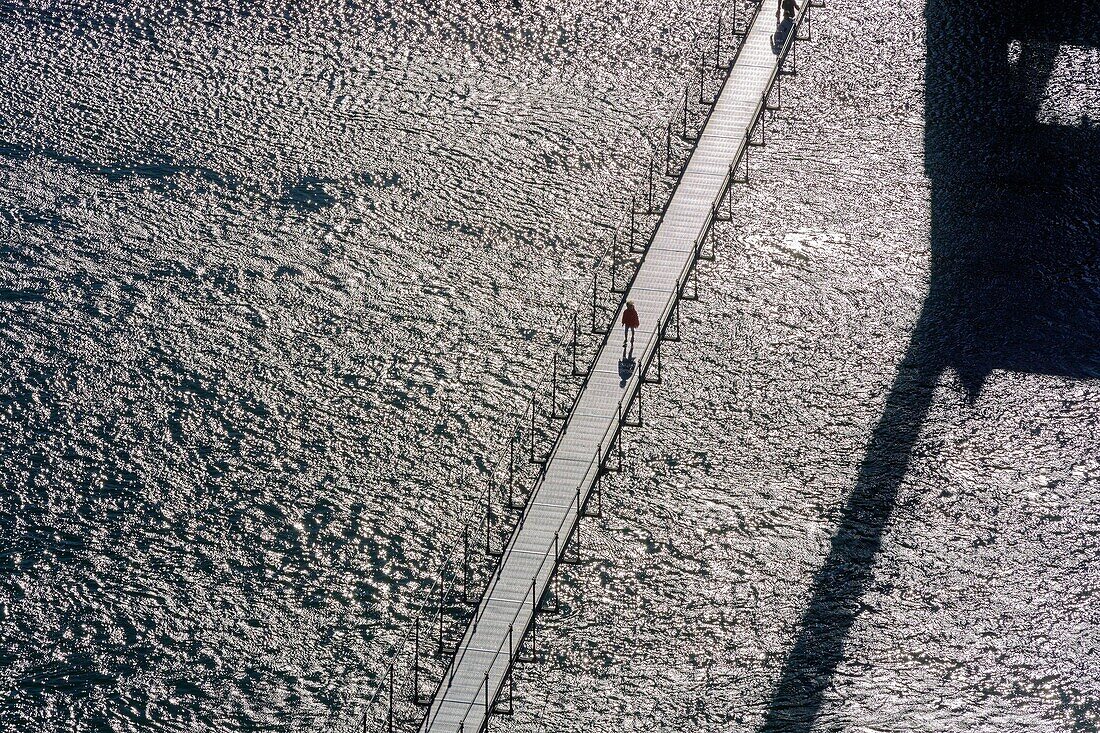 France, Ardeche, Rochemaure, the footbridge on the Rhone (aerial view)