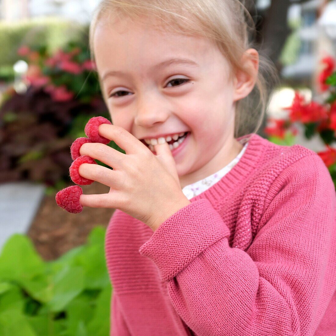 France, Val de Marne, Charenton le Pont, girl playing with raspberries