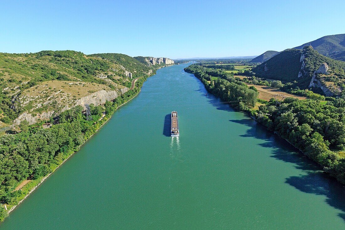 France, Ardeche, Viviers, The Rhone, cruise ship, Donzere parade in the background (aerial view)