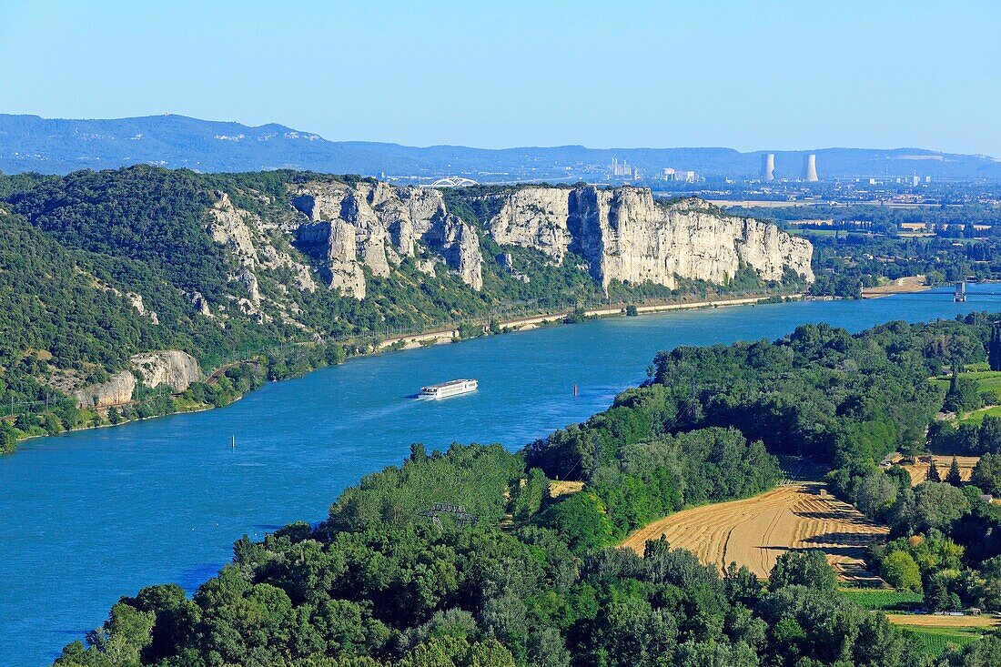 France, Ardeche, Viviers, The Rhone, Donzere parade in the background (aerial view)