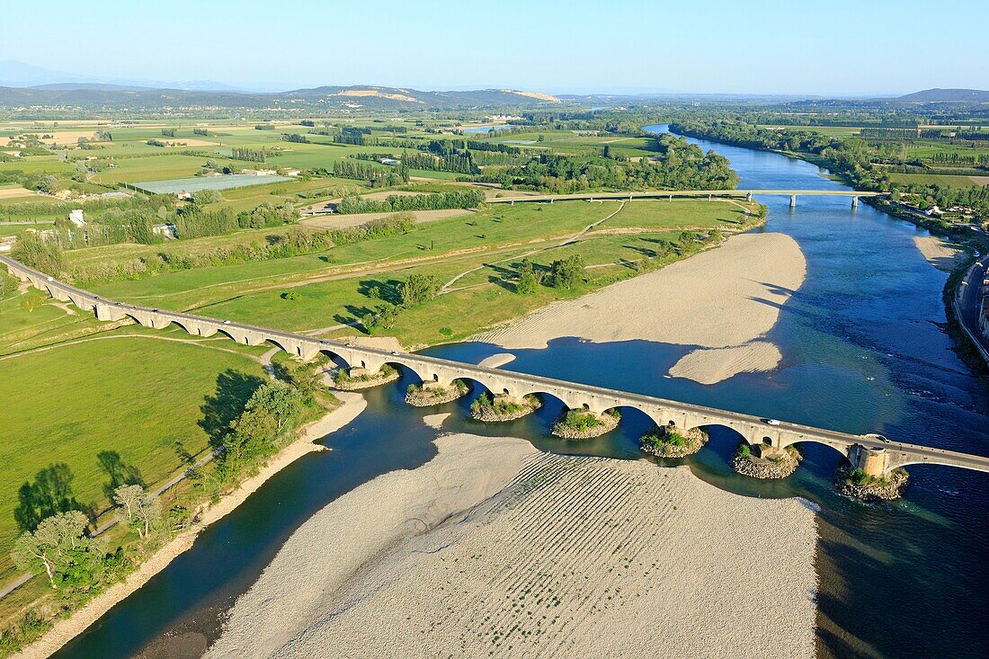 France, Gard, Pont Saint Esprit, fantastic bridge of the Holy Spirit (XIII and XIV), the Rhone (aerial view)