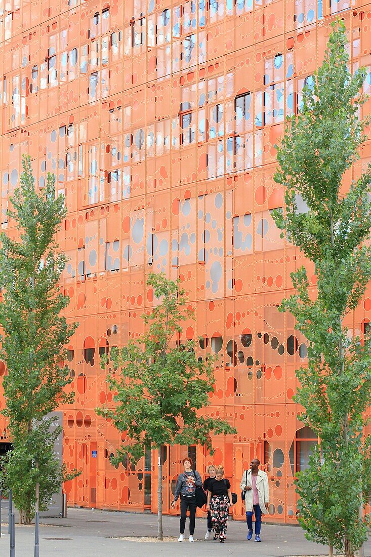 France, Rhone, Lyon, district of Confluence (2nd district), Cube Orange designed by architects Dominique Jakob and Brendan MacFarlane, exterior structure with a metal mesh