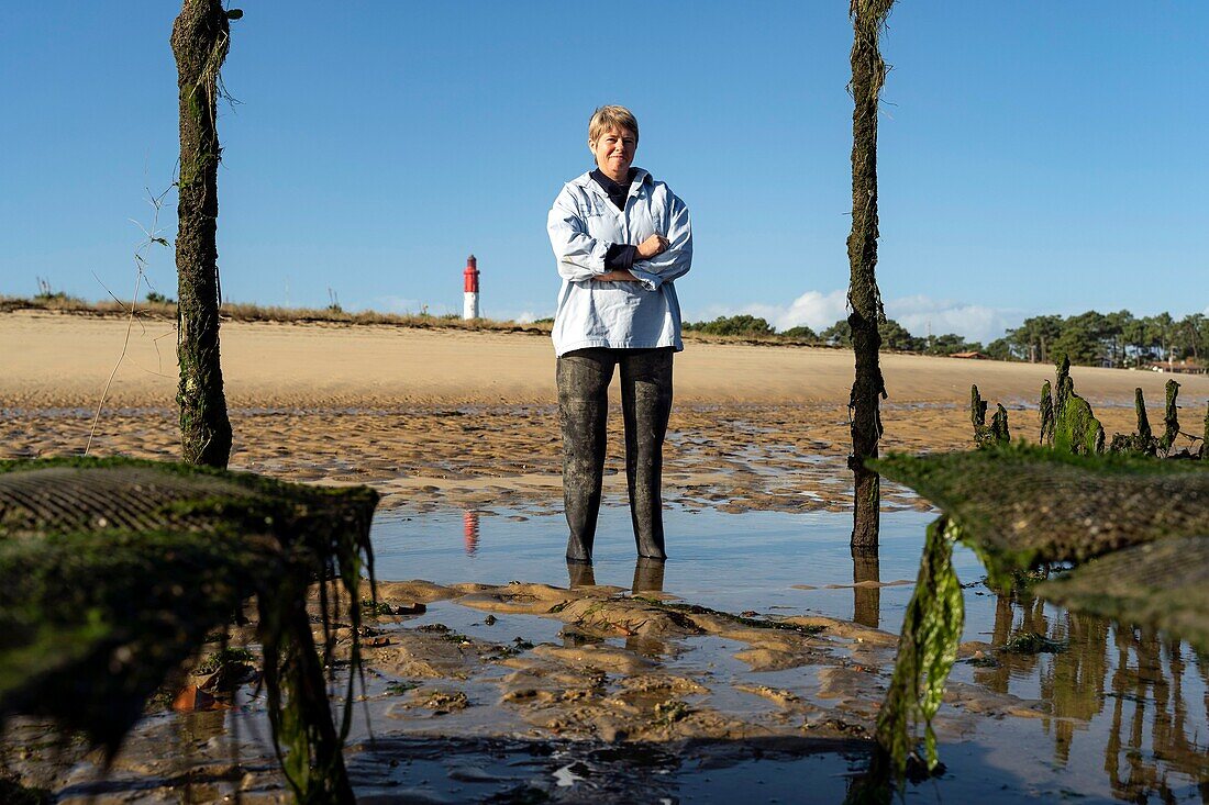 France, Gironde, Bassin d'Arcachon, Cap-Ferret, oyster farming, Catherine Roux, oyster farmer in the oyster village of Mimbeau