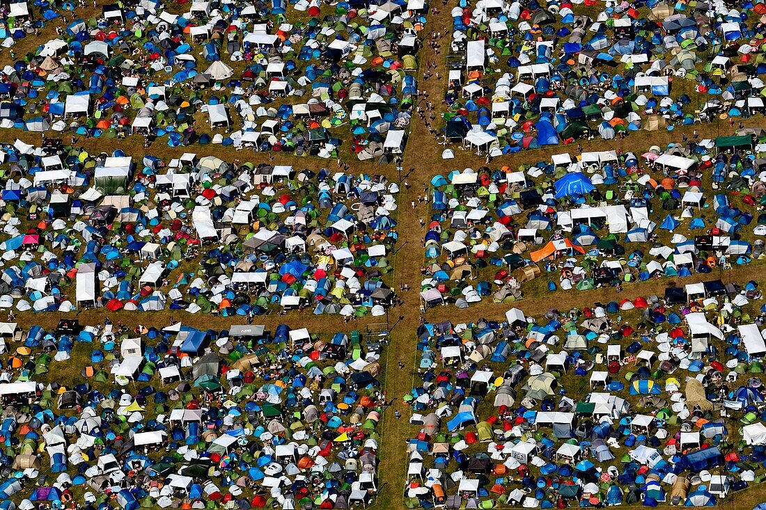 France, Territoire de Belfort, Sermamagny, campsite organized during the Eurockeennes music festival aerial view