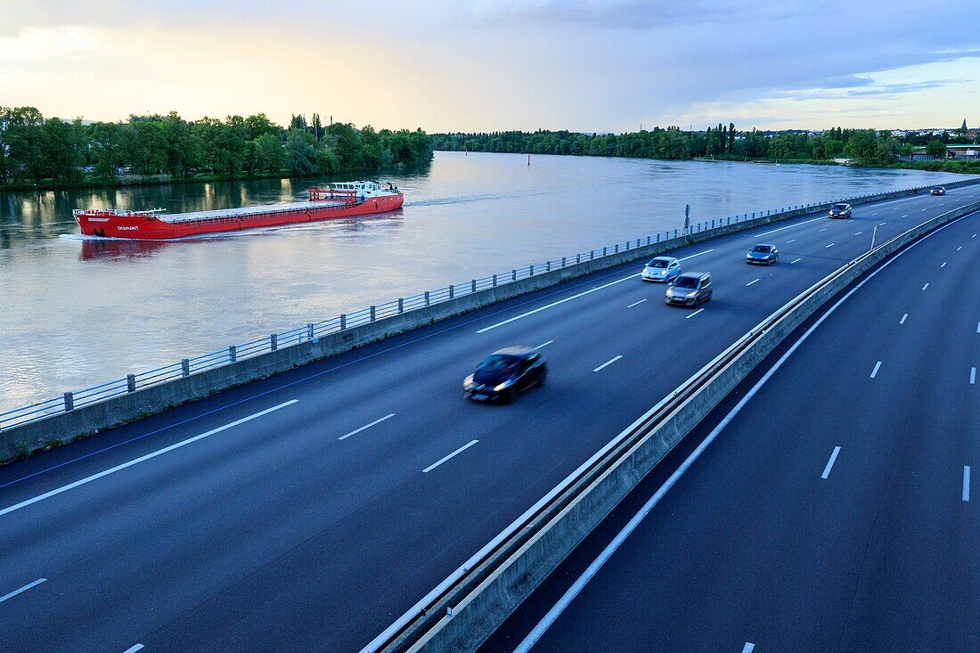 France, Drome, Valence, A7 motorway bordering the Rhone