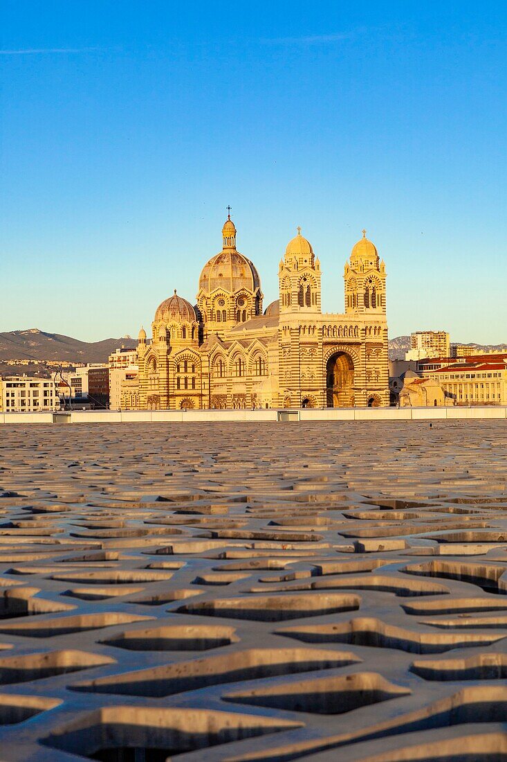 France, Bouches du Rhone, Marseille, 2nd district, Euromediterranee area, Arenc district, view from the Mucem on the basilicae de la Major