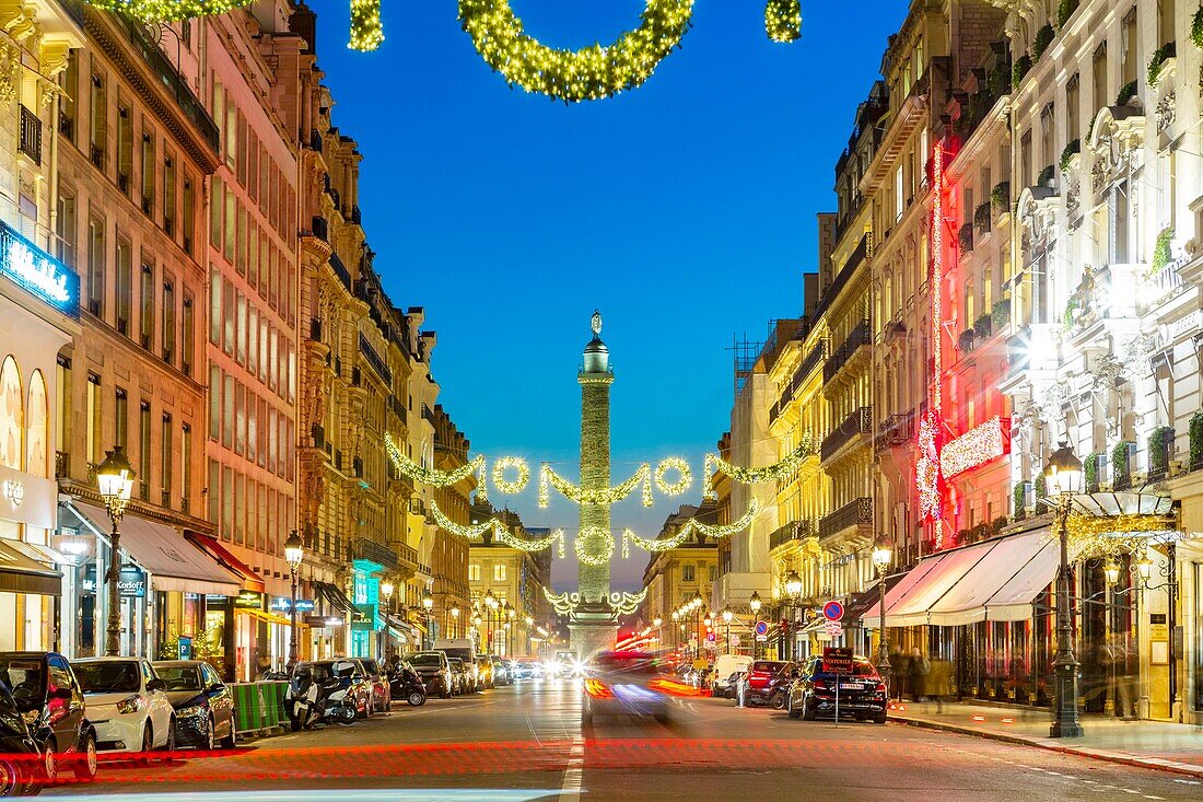 France, Paris, Rue de la Paix during the Christmas holidays and the Vendome Column