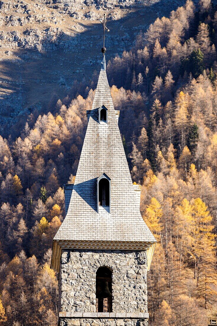 France, Hautes Alpes, Écrins National Park, Champsaur Valley, Orcieres Merlette, bell tower of the village church of Prapic
