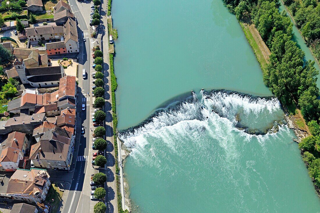 France, Ain, Sault Brenaz, threshold on the Rhone (aerial view)