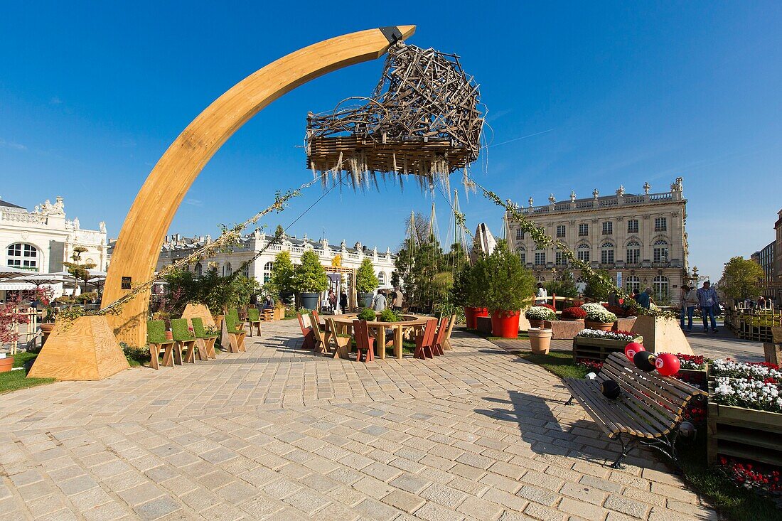 France, Meurthe et Moselle, Nancy, Stanislas square (former royal square) built by Stanislas Leszczynski, king of Poland and last duke of Lorraine in the 18th century, listed as World Heritage by UNESCO, the Jardin Ephemere on the theme of Japan labelled Japonica 2018 on Place Stanislas (Stanislas Square)