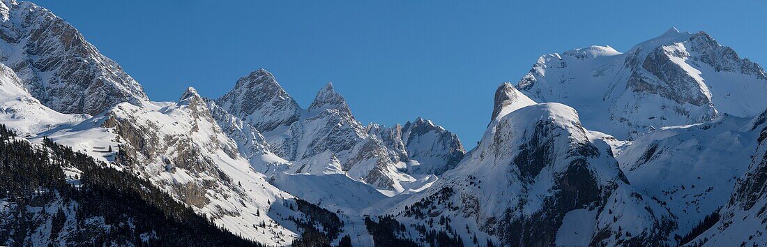 France, Savoie, Massif de la Vanoise, Pralognan La Vanoise, National Park, panoramic view from the valley on the peaks of the Gliere, and the Grande Casse