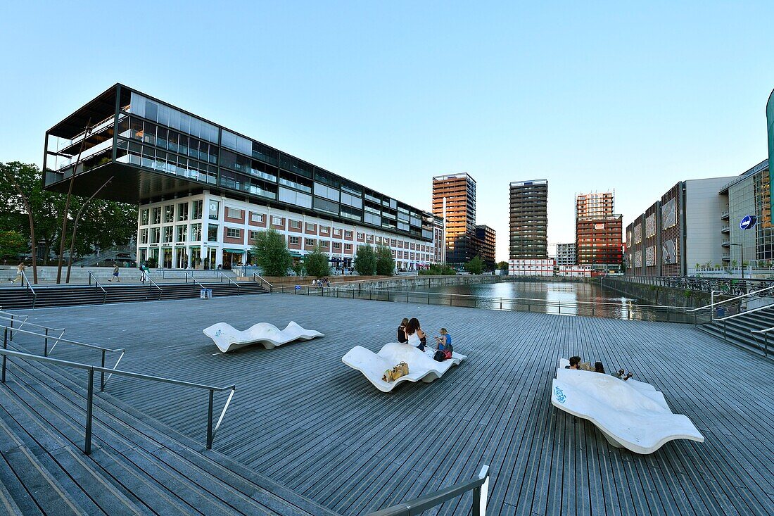 France, Bas Rhin, Strasbourg, development of port du Rhin (Rhine's harbour) and conversion of breakwater of Bassin d'Austerlitz, rehabilitation of the Seegmuller warehouse in offices, shops and accommodation by the agency Heintz-Kehr Architects, the 3 Black Swans tower of architect Anne Demians and UGC Cine Cite cinema complex