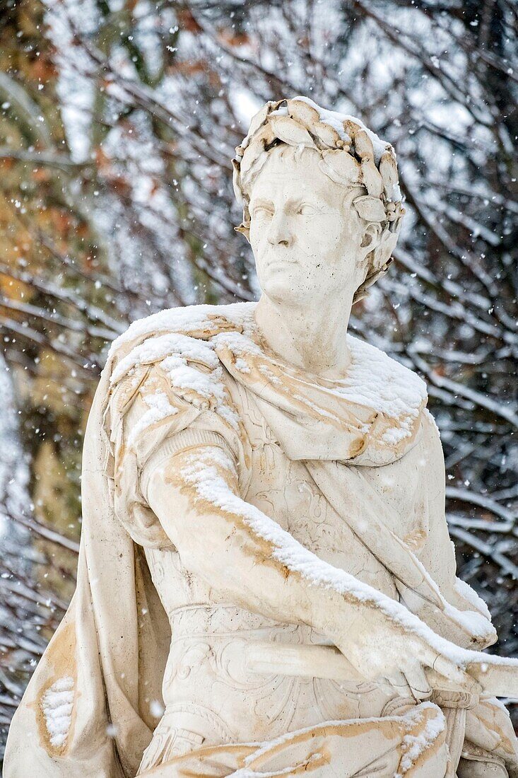 France, Paris, the Tuileries Garden under the snow, the statue of Julius Caesar