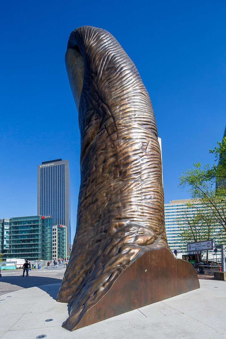 France, Hauts de Seine, Puteaux, La Defense, Faubourg de l'Arche, sculpture by French artist Cesar entitled Le Pouce and inaugurated in 1994