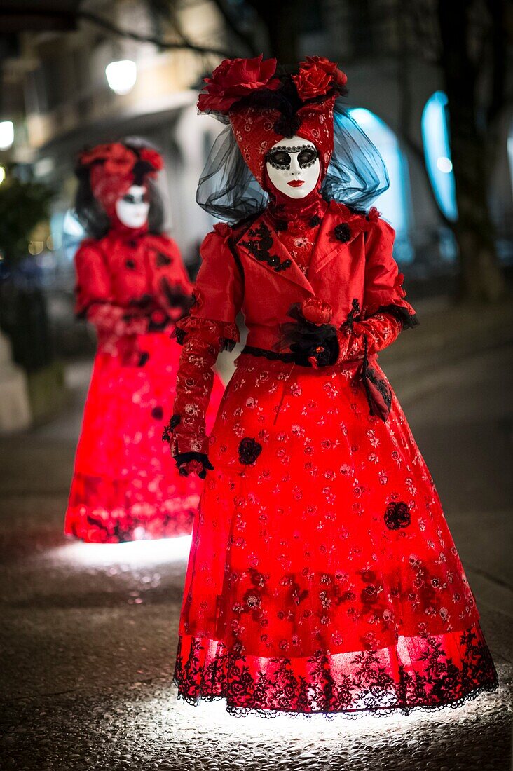 France, Haute Savoie, Annecy, sumptuous costumes during the Venetian carnival in March