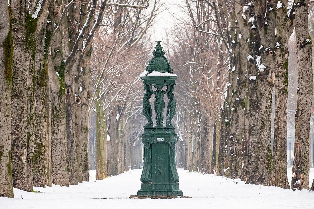 Frankreich, Paris, Gegengerade der Champs Elysees, ein Wallace-Brunnen unter dem Schnee
