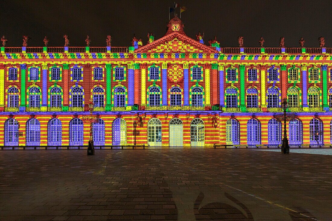 France, Meurthe et Moselle, Nancy, Stanislas square (former royal square) built by Stanislas Leszczynski, king of Poland and last duke of Lorraine in the 18th century, listed as World Heritage by UNESCO, facade of the townhall during the lightshow dedicated to Saint Nicolas