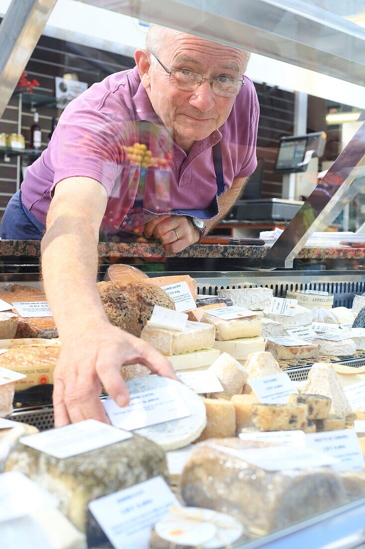 Frankreich, Nord, Lille, Halles de Wazemmes, Käserei La Finarde (mit Sitz in Arras und spezialisiert auf traditionelle Käsesorten und handwerklichen Bauernkäse)