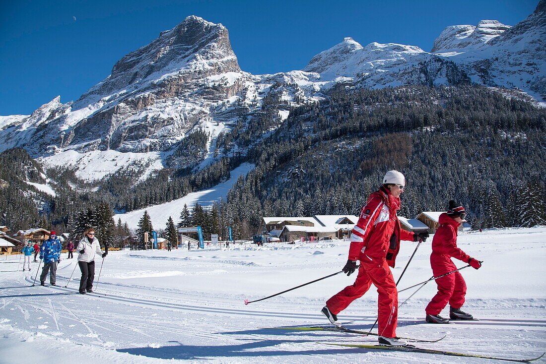 France, Savoie, Massif de la Vanoise, Pralognan La Vanoise, National Park, cross country skiing activity with instructor on the Nordic Park and the Grand Marchet mountain