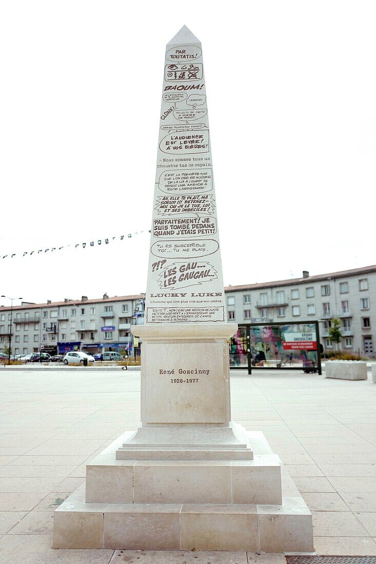France, Charente, Angouleme, Street photography Angoulême railroad station, René Goscinny's obelisk