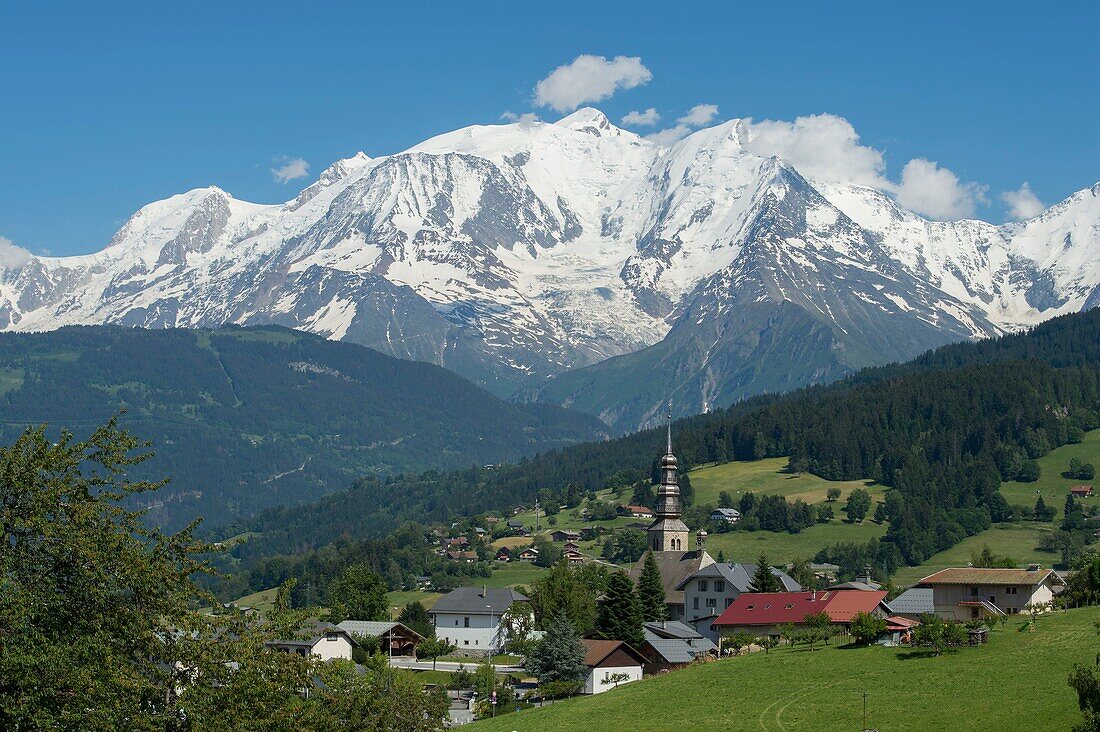 Haute Savoie, France, Alps, country of Mont Blanc, Combloux general view of the village placed ideally facing Mont Blanc