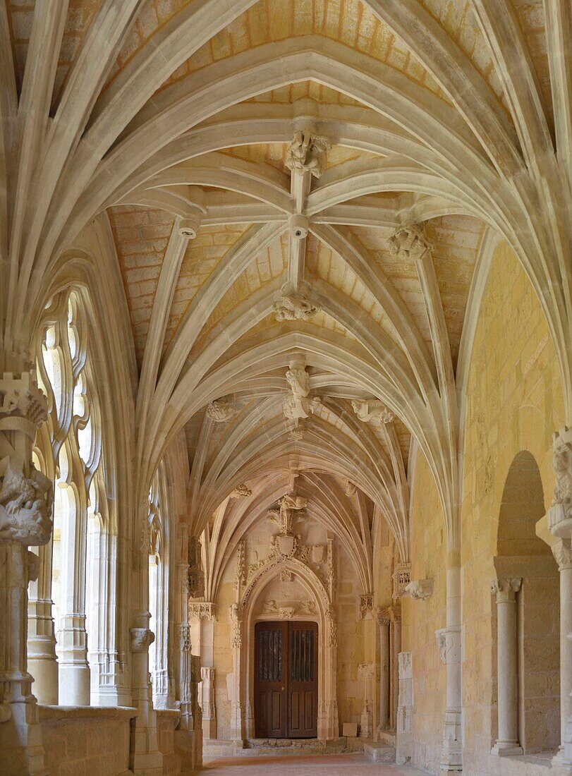 France, Dordogne, Perigord Noir, Perigord Pourpre, Le Buisson de Cadouin, old cistercian abbey church in flamboyant gothic style, stage on Saint Jacques de Compostelle path listed as World Heritage by UNESCO