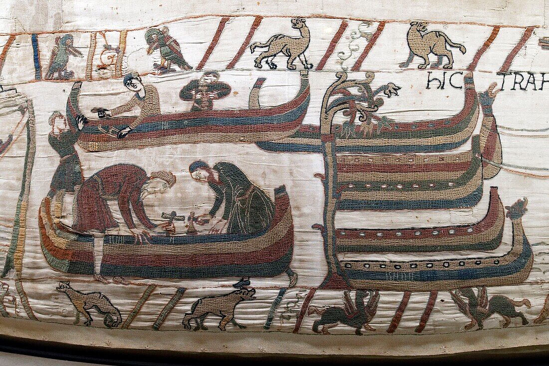 France, Calvados, Bayeux, Tapestry Museum, Bayeux Tapestry, listed as World Heritage by UNESCO, Queen Mathilde Tapestry telling the story of England's invasion by William the Conqueror , the scenes of the Bayeux Tapestry are embroidered with woollen threads on a linen canvas