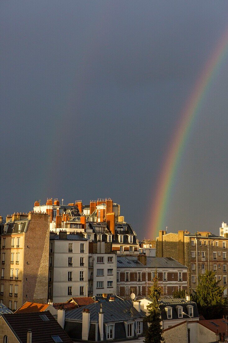 France, Hauts de Seine, Asnieres sur Seine, buildings of Maurice Bokanowski street and rainbow