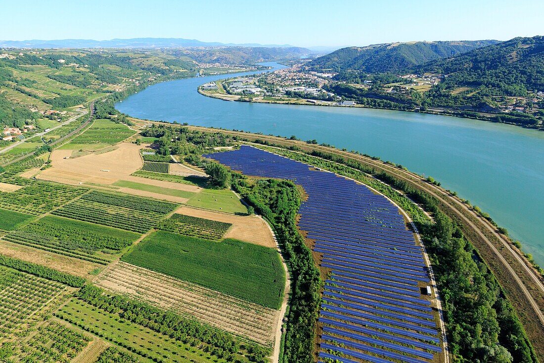 France, Ardeche, Ozon, L'Auve, The Rhone, photovoltaic park, Saint Vallier in the background (aerial view)